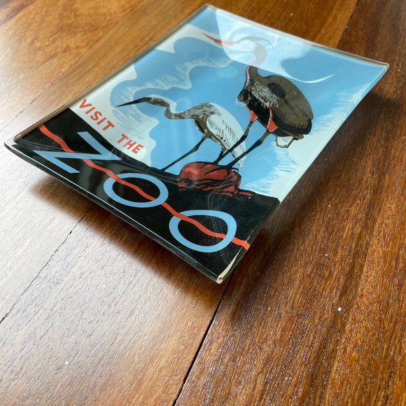NEW Visit the Zoo with Cranes / Herons Vintage Poster Reproduced on Glass Tray - Picture 2 of 3